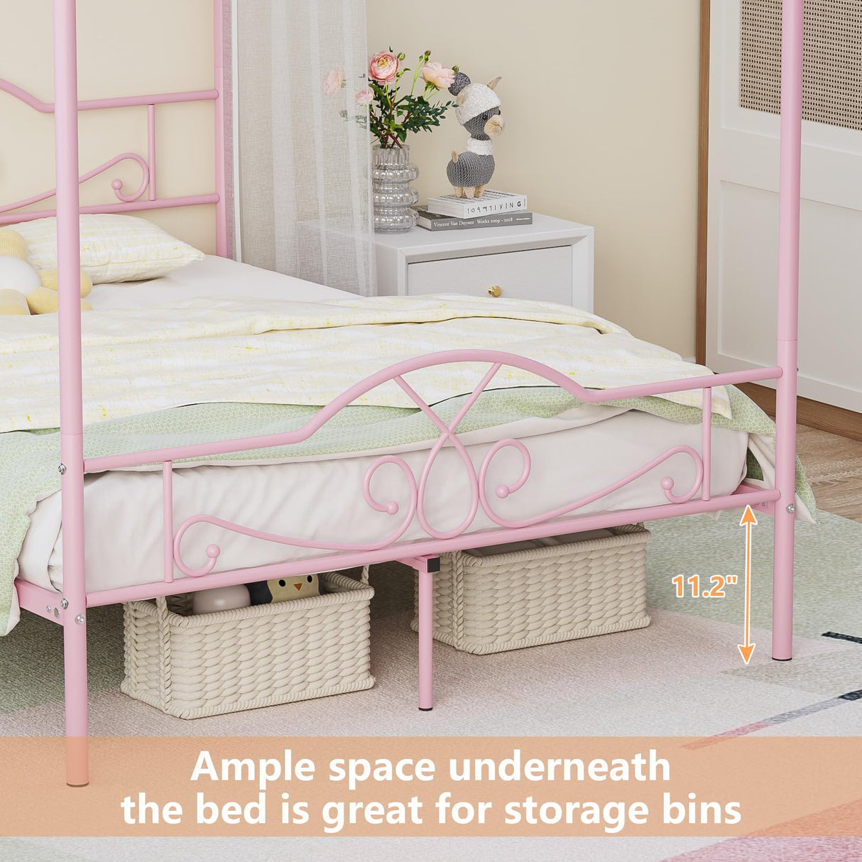 Weehom Full Canopy Bed Frame with Headboard and Footboard, Four-Poster Metal Canopied Platform Bed Mattress Foundation Underbed Storage Space No Box Spring Needed for Girls Adults Pink Weehom