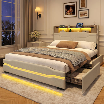 Maupvit Queen LED Bed Frame with Storage Headboard, 4 Storage Drawers & Charging Station, Metal Support Base, No Box Spring Needed, Beige