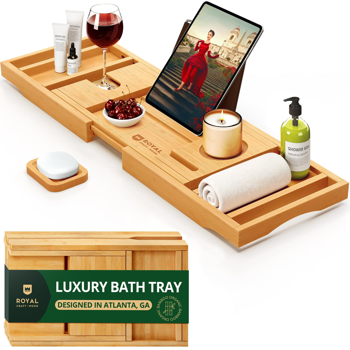 ROYAL CRAFT WOOD Premium Foldable Bathtub Tray - Wood Bath Tray for Tub, Bamboo Shelf, Expandable Bath Table Trays, Bathtub & Bathroom Accessories for New Home & Mothers Day & Birthday Gifts for Mom ROYAL CRAFT WOOD