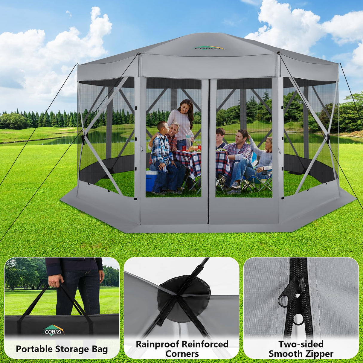COBIZI Pop Up Gazebo Screen Tent Screen House for Camping, 15x15 Screen Room with Mosquito Netting, Hub Tent Instant Screened Canopy with Carrying Bag and Ground Stakes, Gray COBIZI