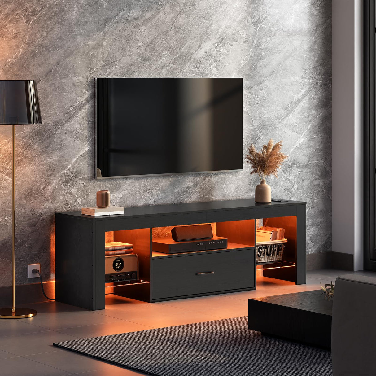 HOOBRO LED TV Stand with Power Outlets to 65 inch TV, Gaming Entertainment Center with Glass Shelves and Large Drawer, Modern Media TV Console Table for Living Room Bedroom, Black BB14UDDS01G1 HOOBRO