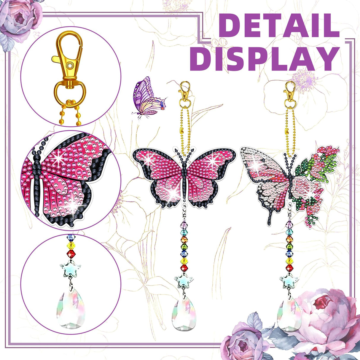 JeCuiK 6 Pcs Diamond Painting Butterfly Wind Chimes Kits 5D DIY Crystal Diamonds Painting Suncatcher Christmas Ornament Double Sided Diamond Art Keychains Pendant Best Gifts for Mom JeCuiK
