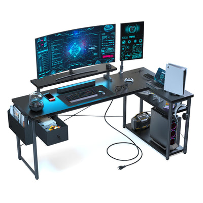 DOMICON L Shaped Gaming Desk, 63 Inch Computer Desk with Adjustable Stand & RGB Lights, Corner Desk for Power Outlet, Carbon Fiber Texture, Gaming Room