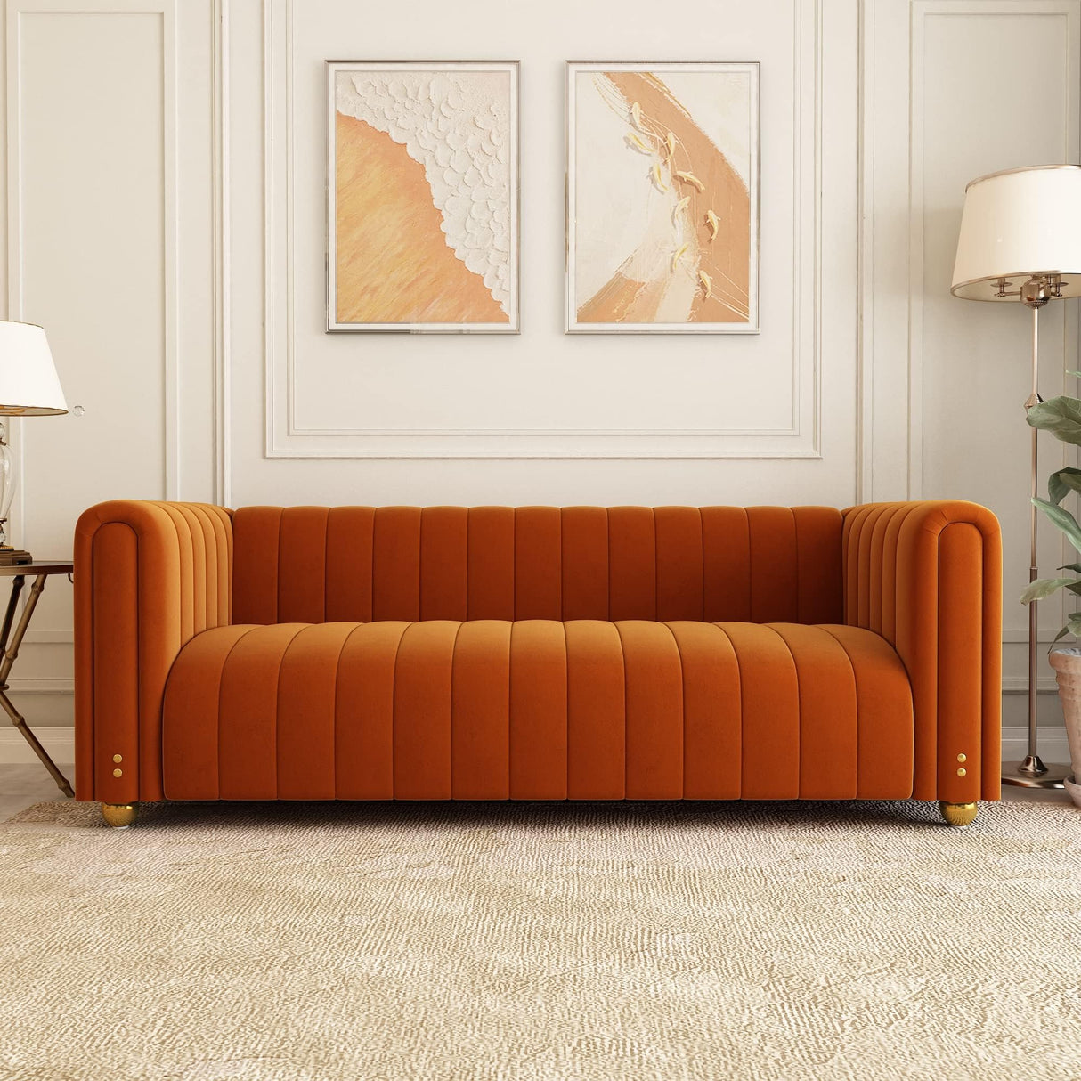 STORFENBOR 81" Orange Velvet Sofa Mid Century Modern Couch for 3 Person Chesterfield Tufted Velvet Couches for Living Room Apartment Bedroom Office STORFENBOR