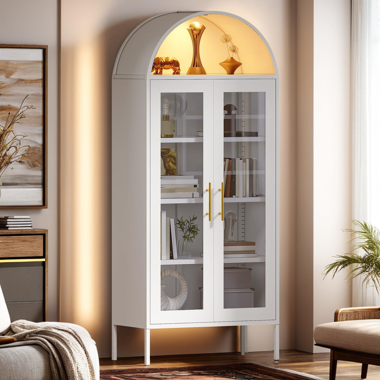 DWVO Arched Display Cabinet with Glass Doors, 71" Tall Storage Organizer Cabinet with Adjustable Shelves, Curio Cabinet with LED Lights, 5 Tier Bookcase for Collectibles Living Room Office, White DWVO