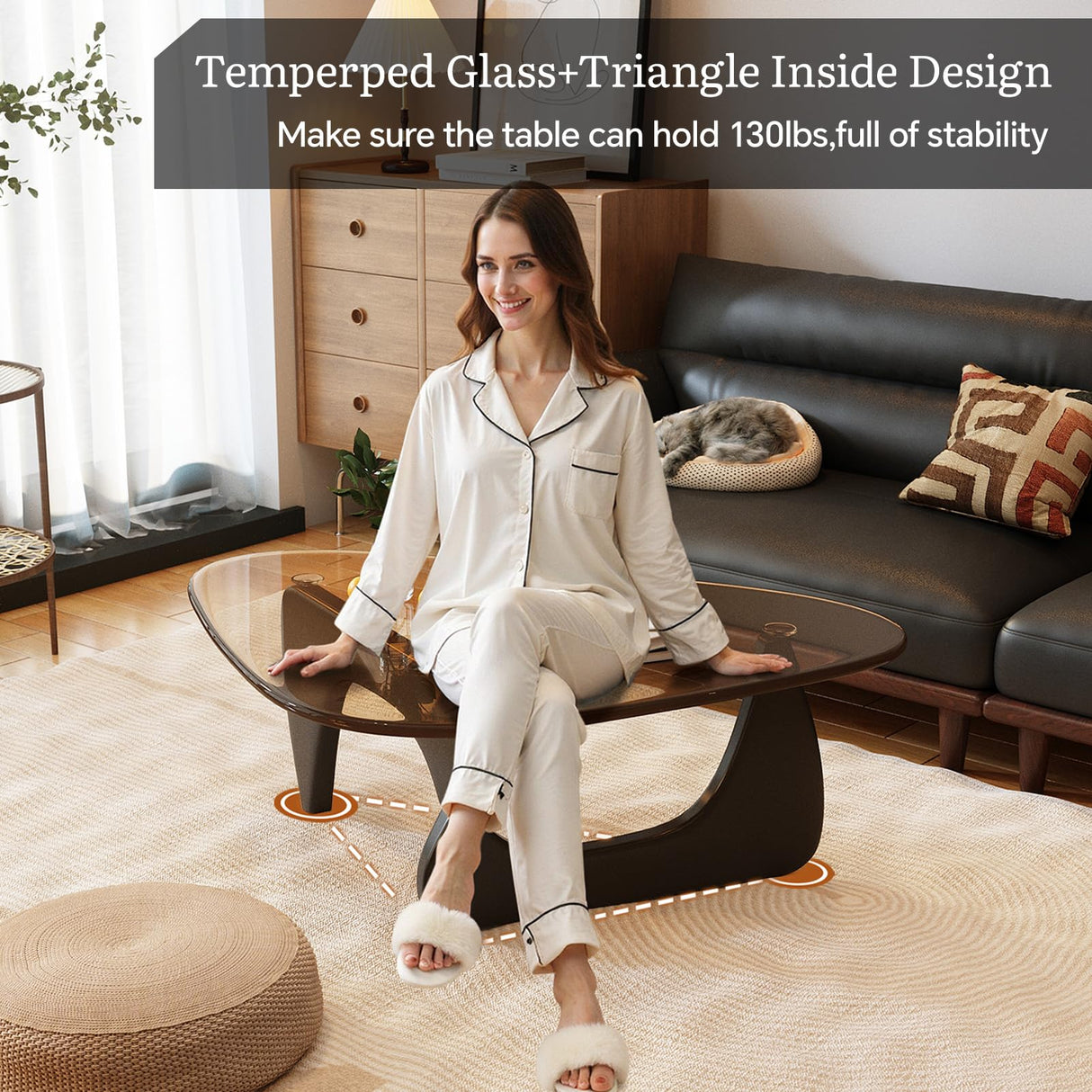 CAJCA Coffee Table for Living Room Mid Century Modern Center Table with Glass Top and Wood, Brown/Walnut