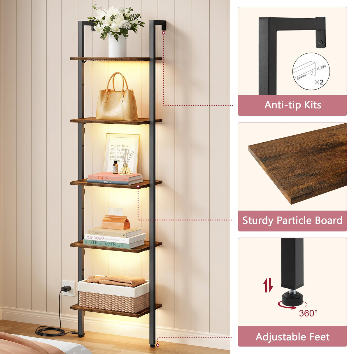 Tajsoon 5-Tier Ladder Shelf with LED Light, Wall Mounted Ladder Bookshelf with Metal Frame, Wall Ladder Bookshelf for Living Room, Bedroom, Office, Rustic Brown Tajsoon