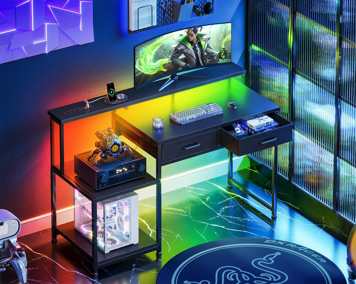 ODK Gaming Desk with Led Lights & Power Outlet, 48 Inch Computer Desk with Drawers, Office Desk with Large Display Storage Shelves, Reversible Desk with Monitor Stand for Home, Carbon Fiber Black ODK