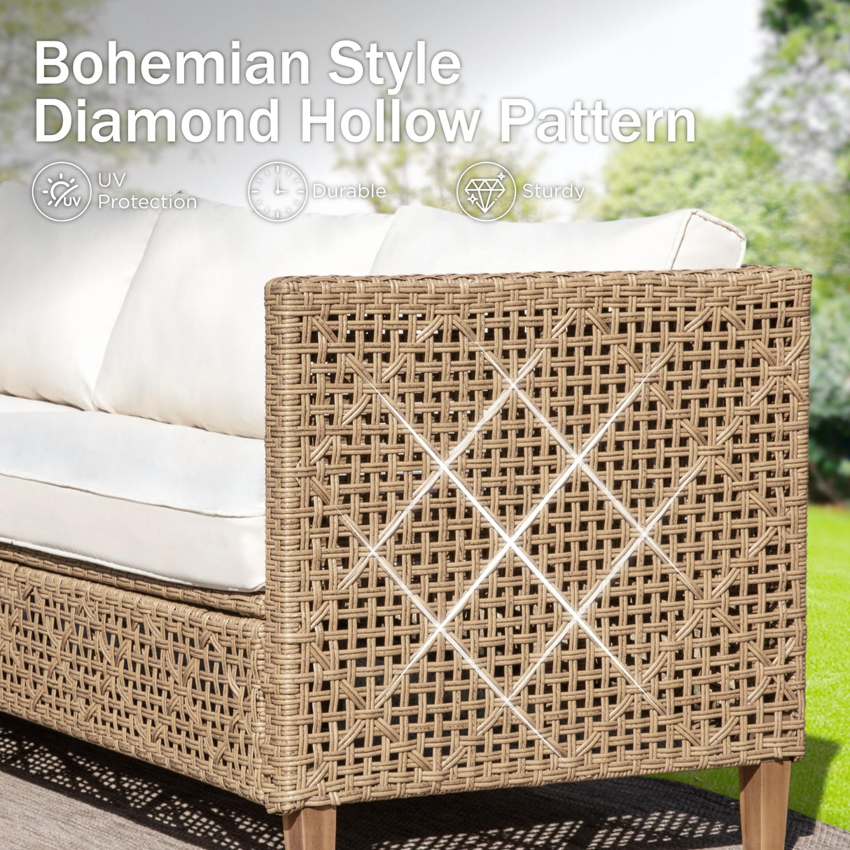 PHI VILLA Wicker Patio Furniture Set, L-Shaped Small Patio Conversation Set, Sectional Outdoor Sofa with Cushions and Acacia Wood Coffee Table, 4 Seats, Beige PHI VILLA