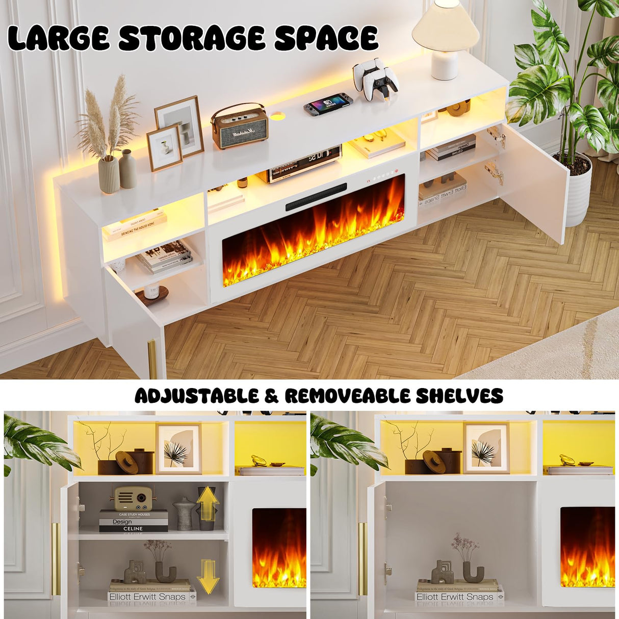 LEMBERI Floating Fireplace TV Stand 70'' Wall Mounted Shelf, LED Light Entertainment Center and Storage, Modern Wood Media TV Console with Highlight (White with White Fireplace) LEMBERI