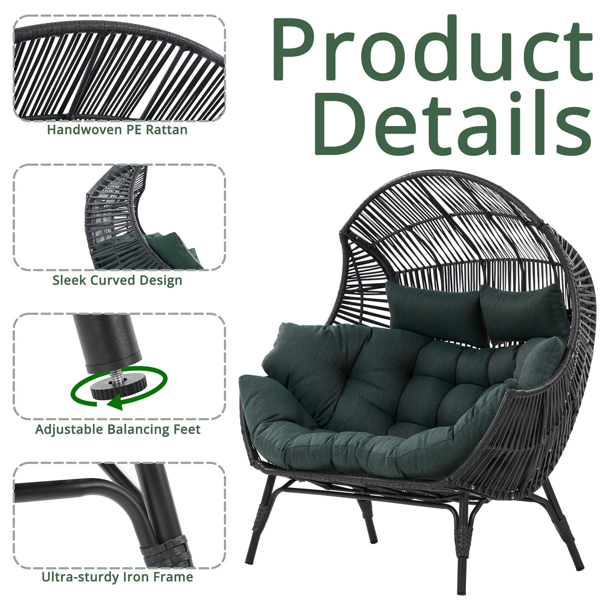 IRONCK Double Egg Chair Outdoor, 2 Person Wicker Lounge Chair, Oversized Thickened Padded Cushions and Headrests, 680 Lbs Egg Loveseat for Indoor, Patio, Living Room, Porch, Balcony, Dark Green IRONCK