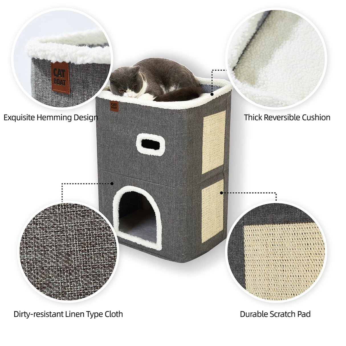 CATBOAT 2-Storey Cat House for Indoor Cats Bed, Covered Beds & Furniture with Scratch Pad and Hideaway Cave, Cute Modern Condo for Multi Small Pet Large Kitten Kitty, Grey CATBOAT