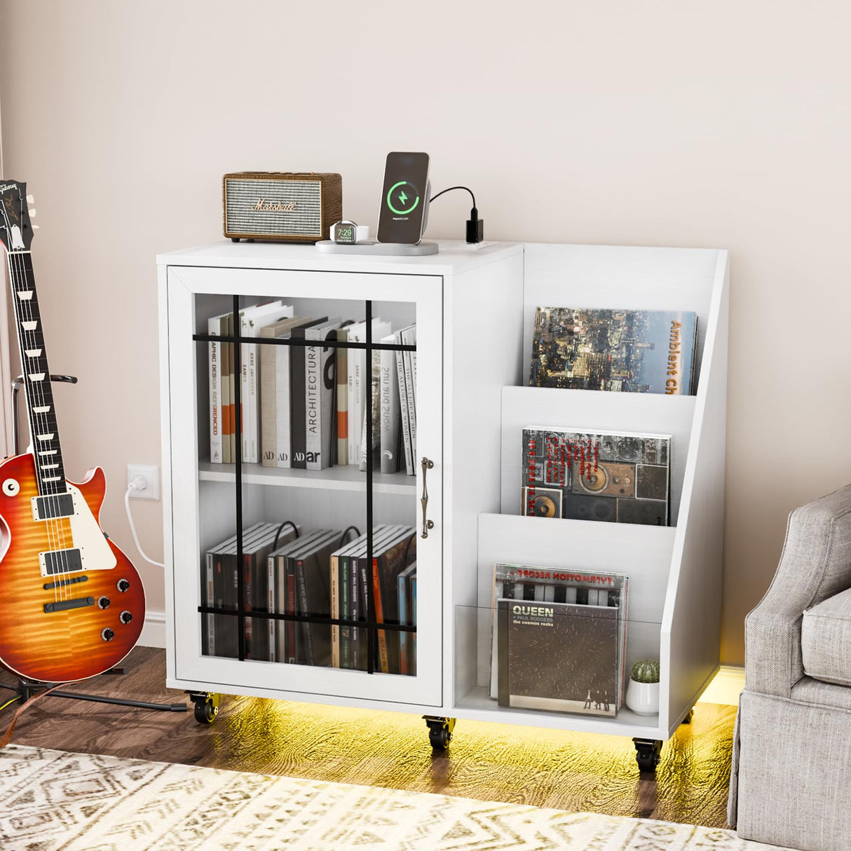 VINGLI Large Record Player Stand with Display Area, Turntable Stand with Storage, Vinyl Record Holder Up to 350 Albums, Record Player Table with LED Lights & Charging Station for Music Room, White VINGLI