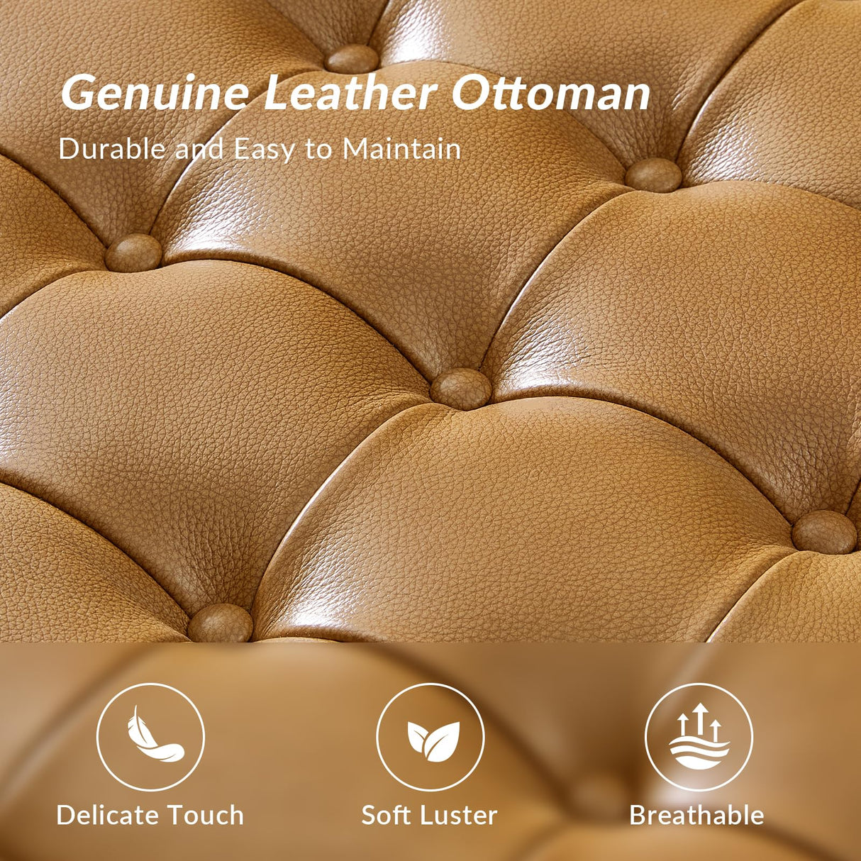 HULALA HOME Genuine Leather Square Coffee Table, Button Tufted Upholstered Ottoman Coffee Table with Solid Wooden Flared Legs, Mid-Century Modern Extra Seating for Living Room, Camel HULALA HOME