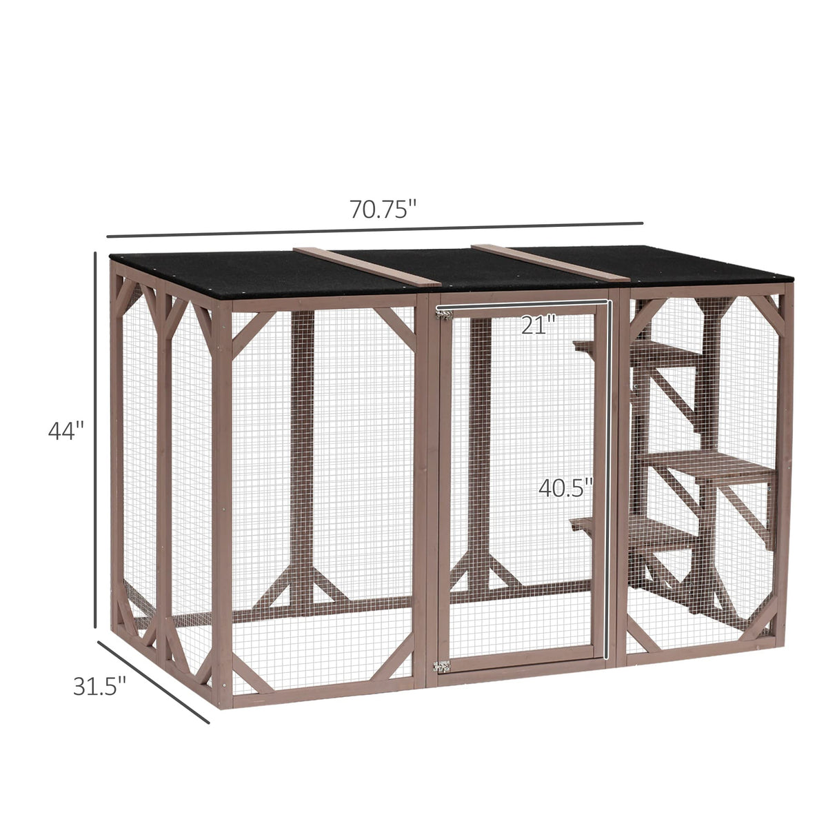 PawHut Outdoor Cat House, Catio Wooden Feral Cat Shelter, Cat Cage with Platforms, Large Enter Door, Weather Protection Asphalt Roof, 71" L, Brown PawHut