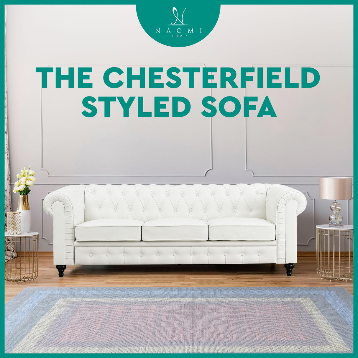 Naomi Home Emery Chesterfield Sofa with Rolled Arms, Tufted Cushions / 3 Seater Sectional Sofa Couch for Small Spaces, Living Room, Bedroom, Apartment Easy Tool-Free Assembly – Off White Naomi Home