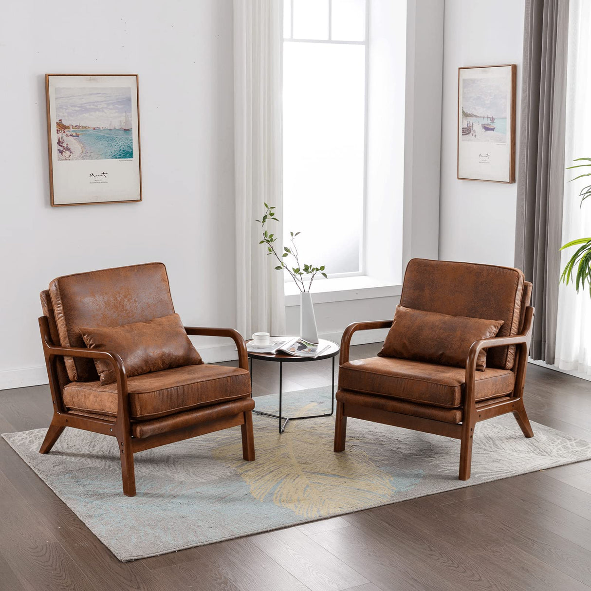 Mid Century Modern Accent Chair Set of 2 Living Room- Comfy Solid Wood Arm Chair with Lumber Pillow Lounge Decorative Brown Leather Office Side Chair Bedroom Reading Nook Sillas De Sala Microfiber Deolme
