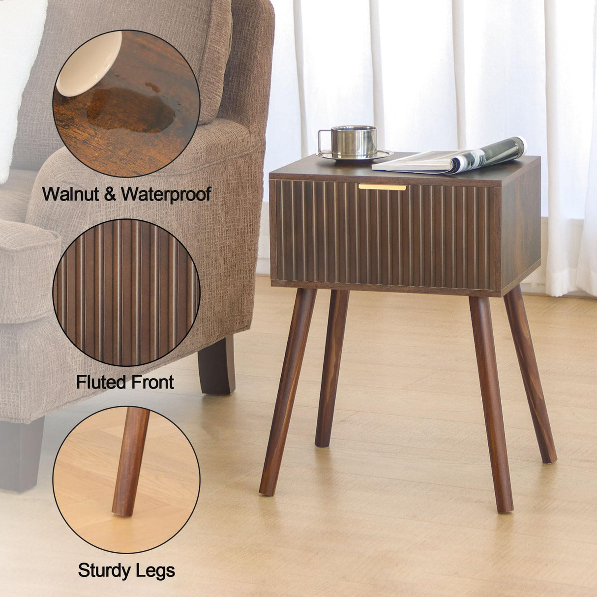 Mid Century Modern Nightstand, Small End Tables Living Room, Accent Bedside Table with Drawer for Bedroom and Small Space, Rustic Brown AWASEN