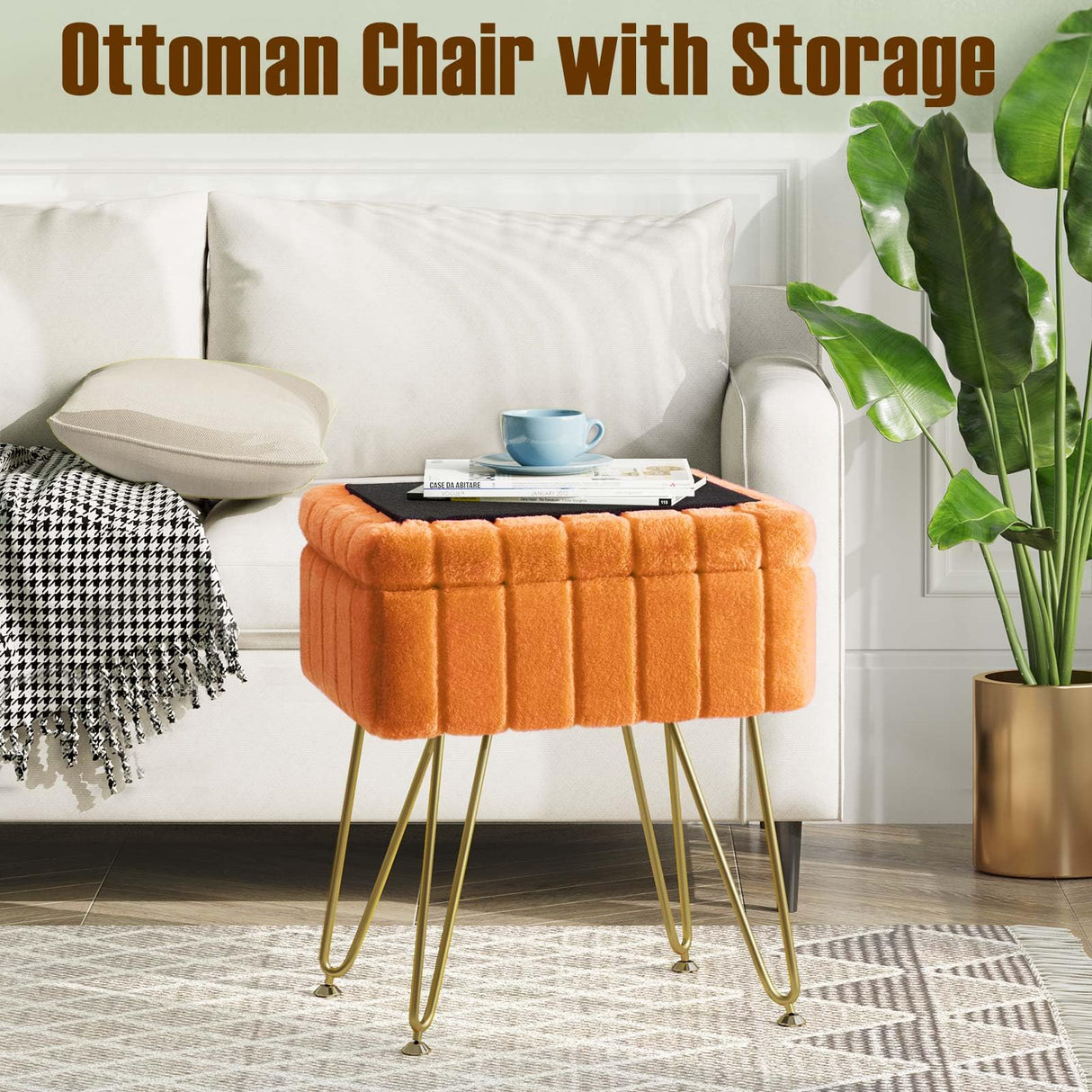 Greenstell Vanity Stool Chair Faux Fur with Storage, 15.7"L x 11.8"W x 19.4"H Soft Ottoman 4 Metal Legs with Anti-Slip Feet, Furry Padded Seat, Modern Multifunctional Chairs for Makeup, Bedroom,Orange GREENSTELL
