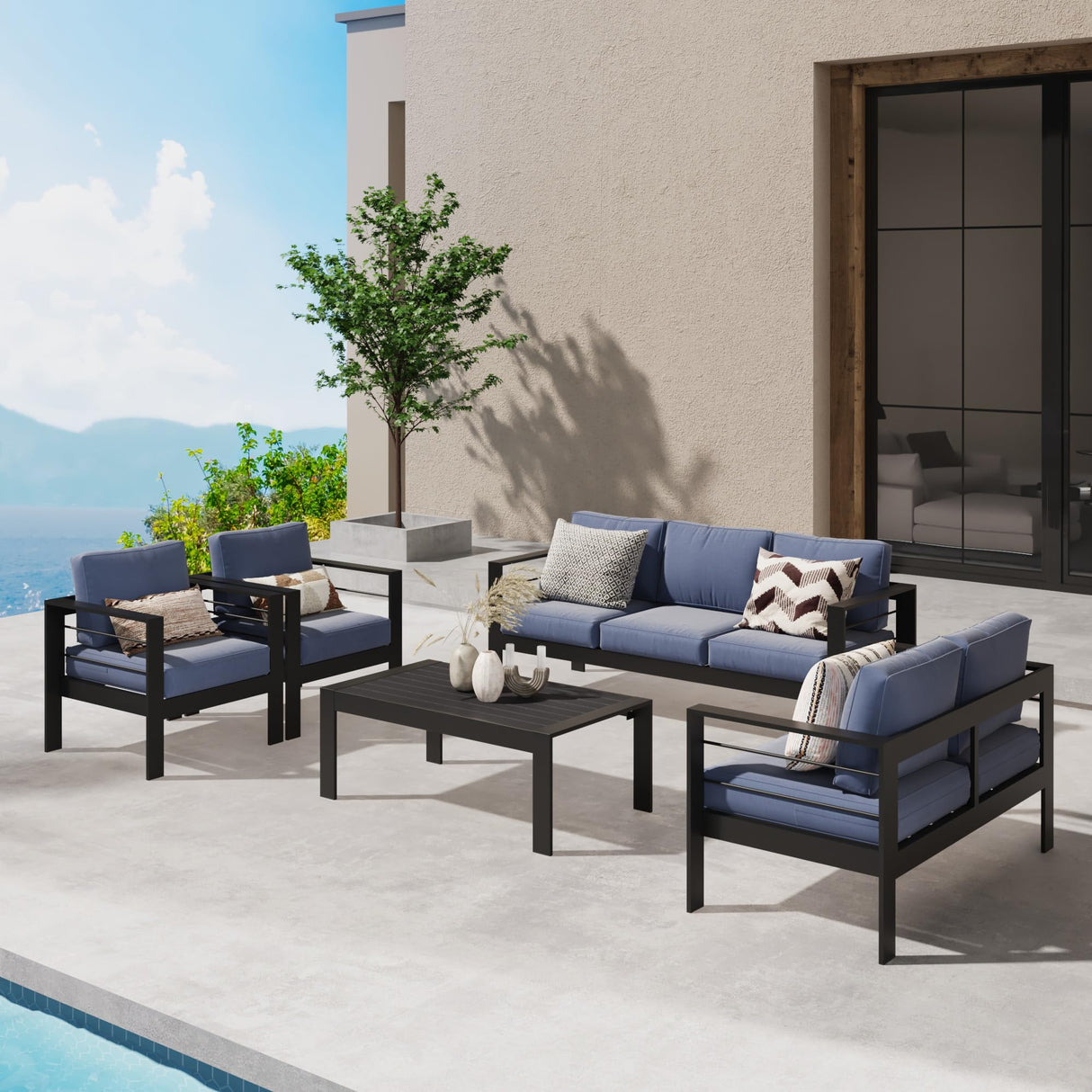 Wisteria Lane Aluminum Outdoor Patio Furniture Set, 7 Seats Modern Patio Conversation Sets, Outdoor Sectional Metal Sofa with 5 Inch Cushion and Coffee Table for Garden, Black Frame and Blue Cushion Wisteria Lane