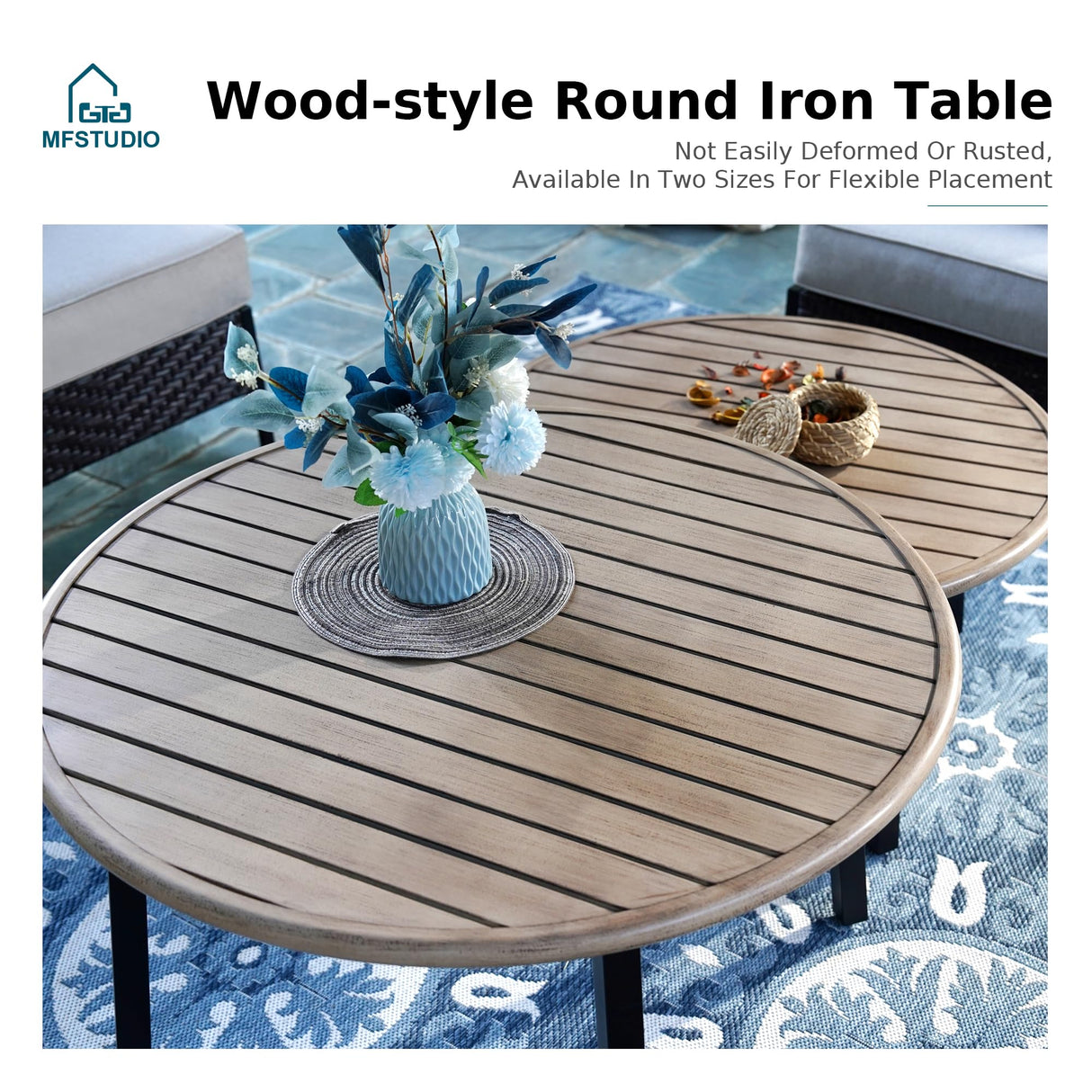 MFSTUDIO Patio Furniture Set, 8 Seats Half-Moon Curved Outdoor Sectional Sofa Conversation Set, Woven Rattan Patio Couch with 2 Wood-Like Round Coffee Table MFSTUDIO