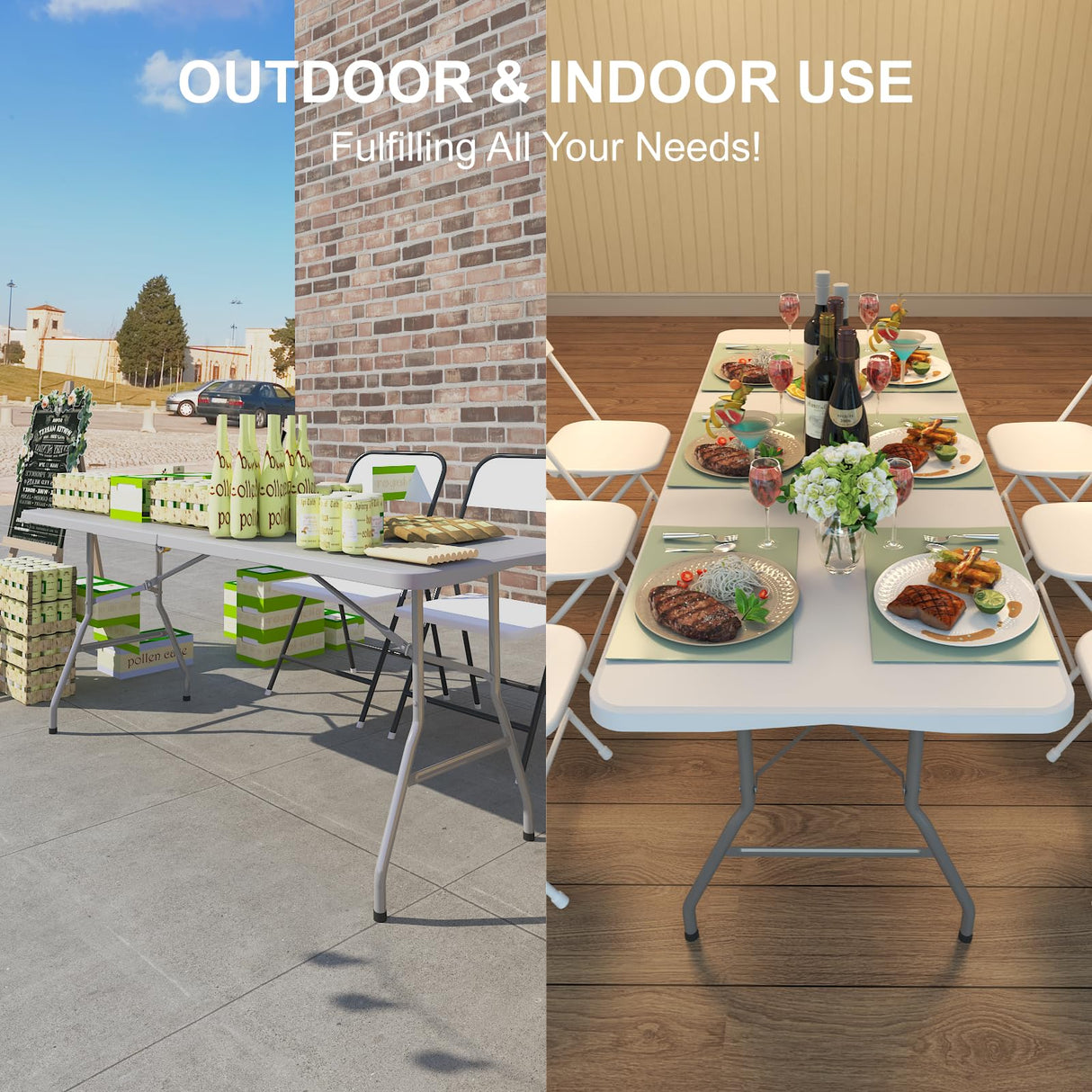 TRINEAR 6FT Folding Table, Portable Plastic Folding Table, Folding Dining Table with Carrying Handle, Party Table Easy Folding and Storage, for Indoor or Outdoor Use TRINEAR