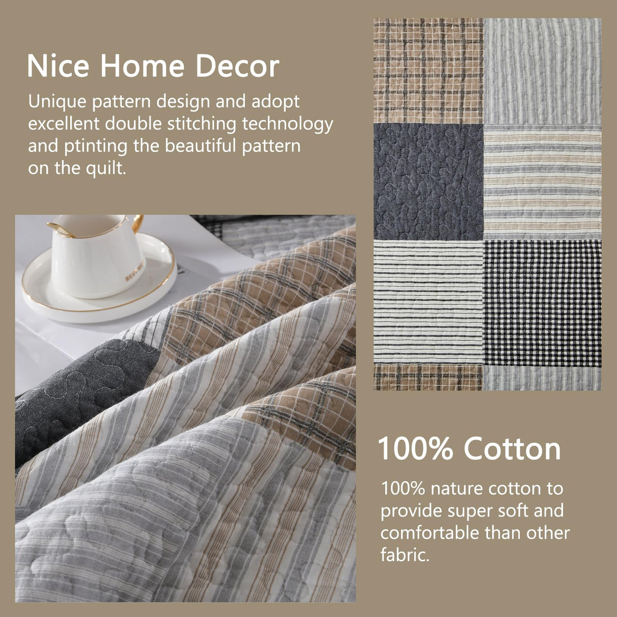 Finlonte Quilt Set Queen Size - 100% Cotton Queen Comforter Set, Plaid Quilted Bedspread Farmhouse Country Bed Spread, Lightweight Reversible Quilt Bedding Set All-Season, Gray/Brown/Black/White, 3Pcs Finlonte