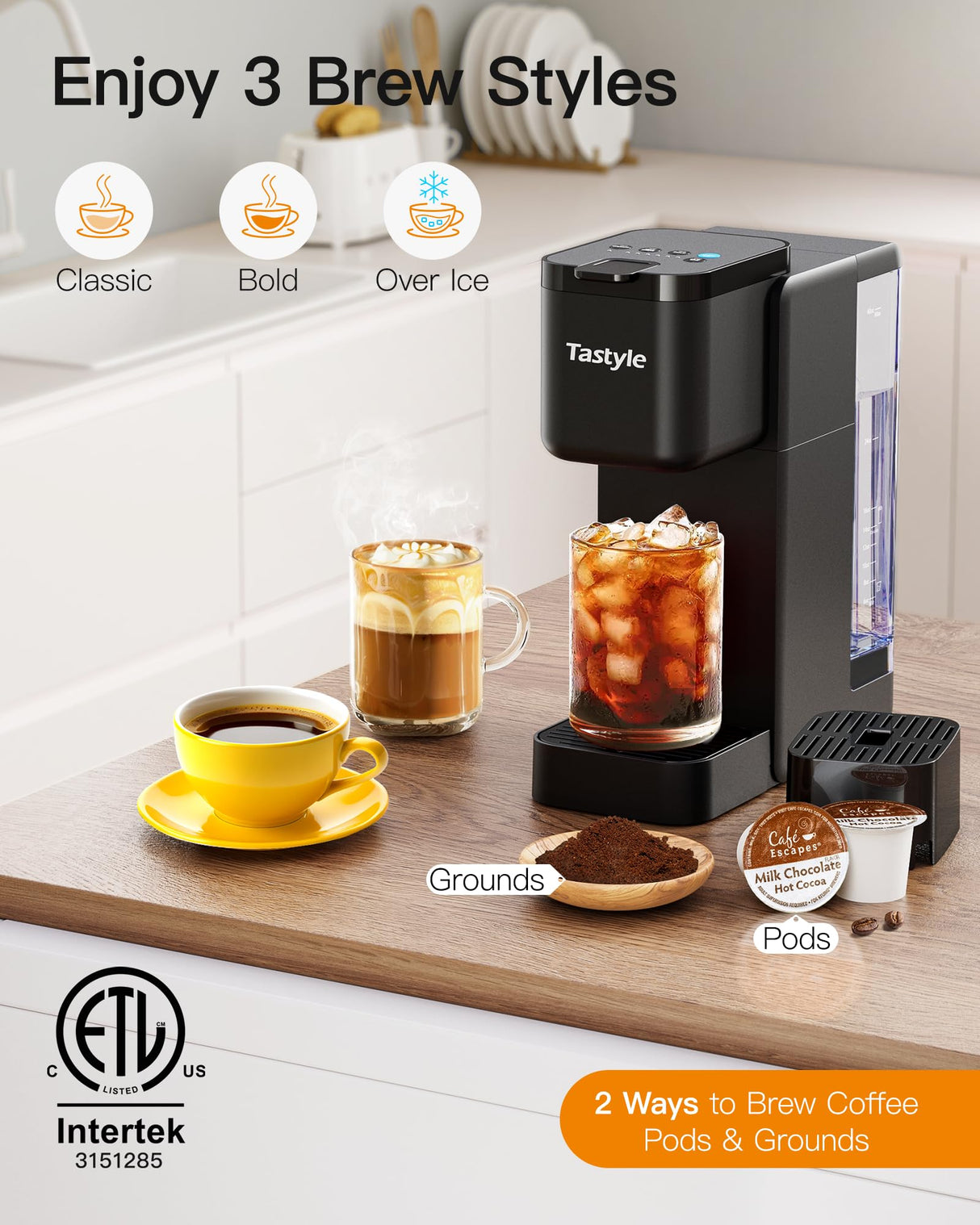 Tastyle Single Serve Hot & Iced Coffee Maker with Strong Brew, 40oz Removable Reservoir, 6 Brew Sizes, Compatible with K Cup and Grounds, Compact for Home, Office, RV and Dorm, Black (2.0 Version) Tastyle