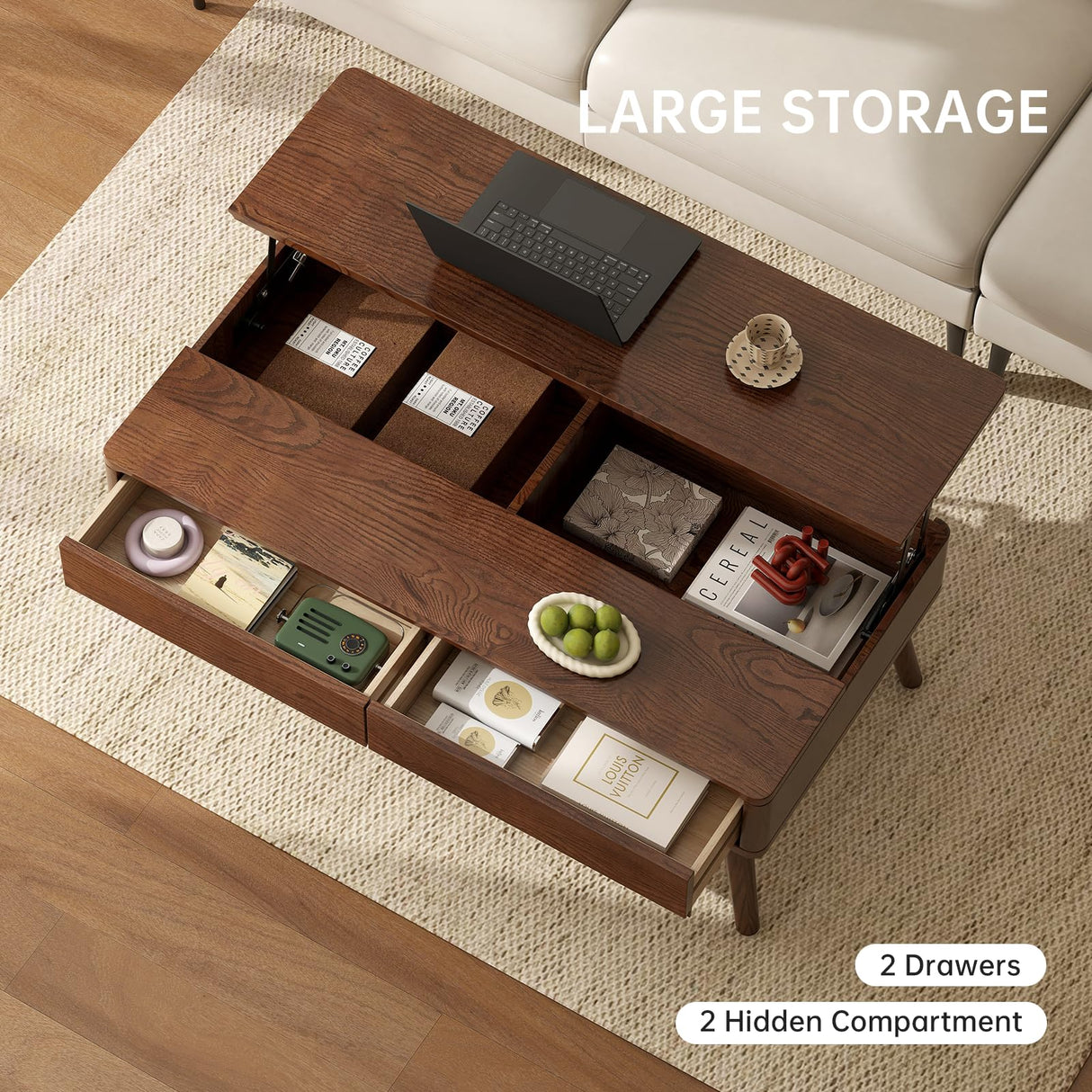 Lift Top Coffee Table, 100% Solid Oak Wood Walnut Coffee Table with Drawers and Hidden Compartments, Rectangular Coffee Tables with Storage for Living Room Home Decor (39.37" L x 21.65" W x 25.59" H) Wayshome