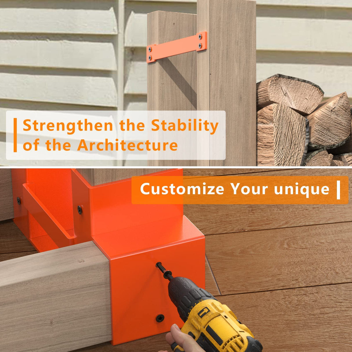 Mr IRONSTONE Firewood Log Storage Rack Bracket Kit, Adjustable Wood Rack Length Based on the Amount of Wood, for Outdoor Indoor Patio Deck Metal Log Holder Outdoor Tools with 34 Accessories Orange Mr IRONSTONE