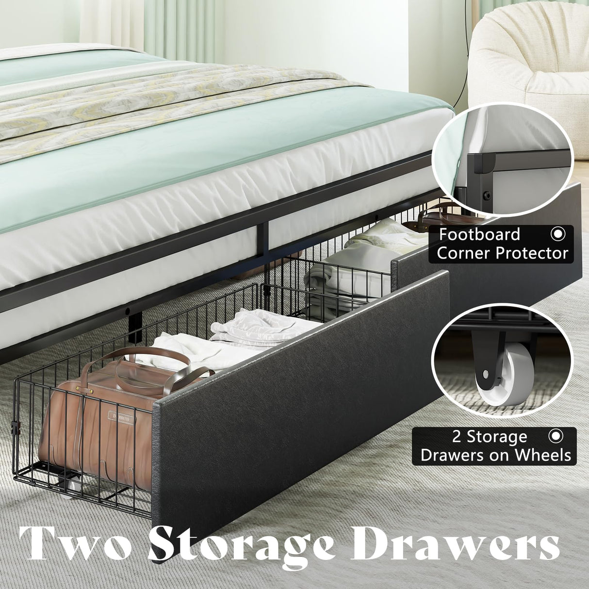 AMERLIFE LED Bed Frame with Drawers, King Platform Bed Frame with 2-Tier Storage & Leather Upholstered & Charging Station Headboard, No Box Spring Needed, Noise Free, Easy Assembly, Black AMERLIFE