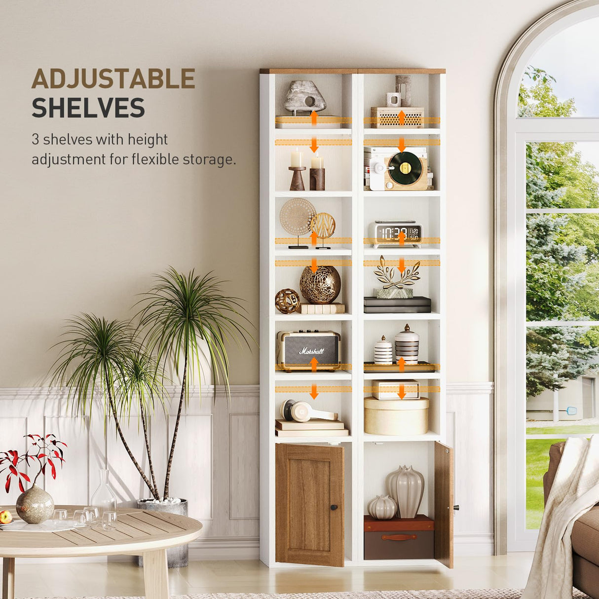 RALGEND 7-Tier Tall Narrow Bookshelf with Door Set of 2, 71 Inches CD DVD Slim Media Tower Rack with Storage Cabinet, Adjustable Shelves, Skinny Display Bookcase for Home Office, White and Walnut RALGEND