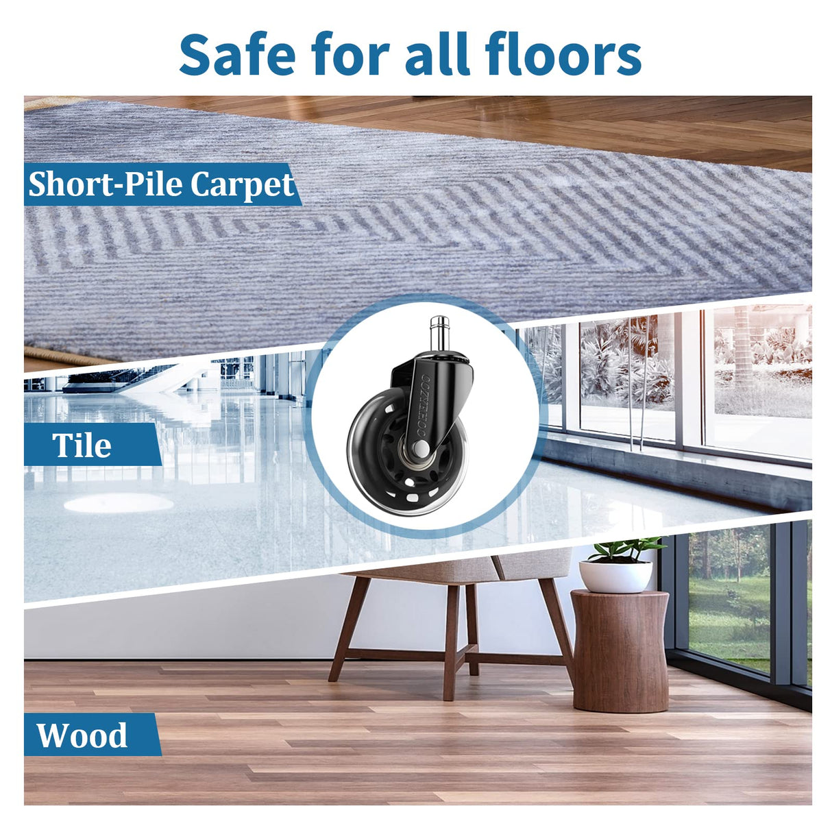 Office Chair Wheels Replacement, Transparent 3 Inch Heavy-Duty Computer Gaming Desk Rubber Casters,Smooth & Silence Gliding for All Floors Including Hardwood Carpet, Set of 5 COZYEHOO