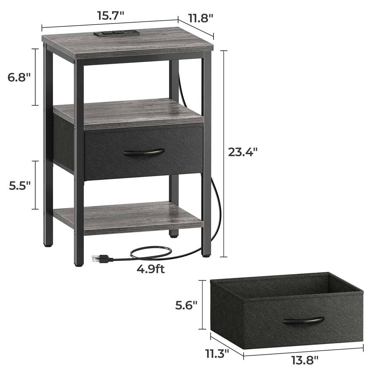 SUPERJARE Nightstand Set of 2, Bed Side Tables with Charging Station, Adjustable Fabric Drawer, Night Stand for Bedroom, 3-Tier Storage End Tables, for Living Room - Charcoal Gray SUPERJARE