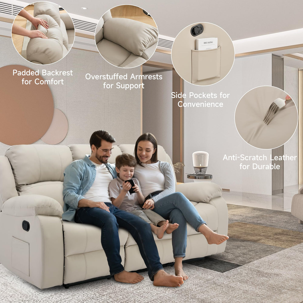 GNMLP2020 Reclining Loveseat Sofa Leather Recliner Sofa 3 Seater Couch for Living Room, Home Theater Seating(3 Seat,Beige) GNMLP2020