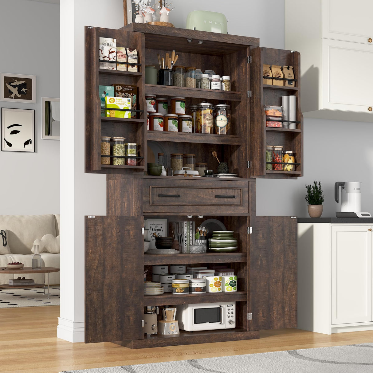 71" Tall Kitchen Pantry Cabinet with Doors and Drawer, Farmhouse Storage Cabinet with Adjustable Shelves, Rustic Wood Cupboard for Kitchen, Dining Room, Living Room, Brown chartustriable