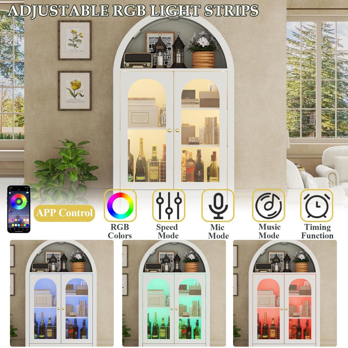 70" Tall Arched Bookcase with LED Lights, Modern Curved Cabinet with Glass Door, Arched Bookshelf Cabinet with 2 Storage Drawers, Display Storage Cabinet with Adjustable Shelves for Living Room,White Gyfimoie