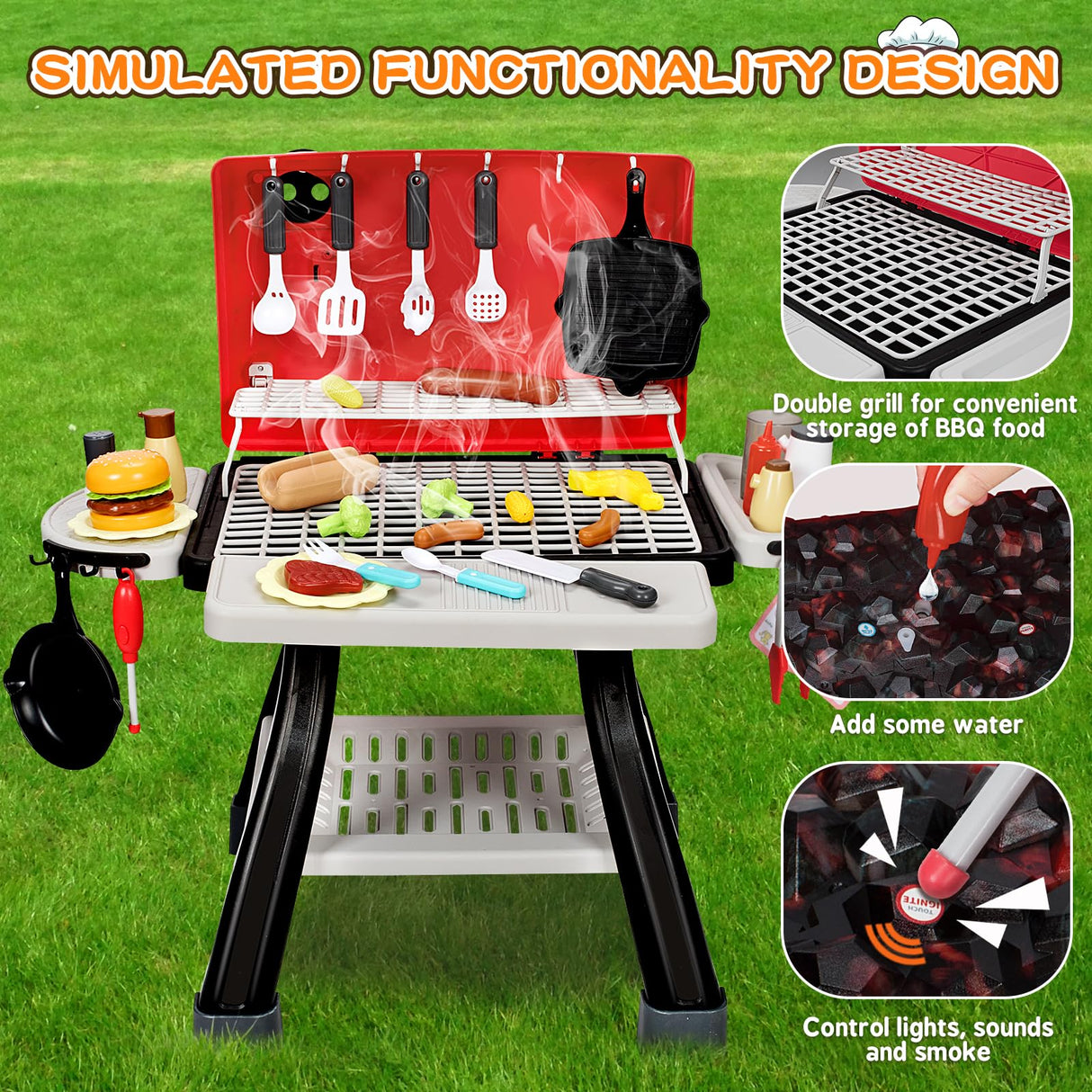 Bstoyder Kids Play Kitchen Toys, Kids BBQ Grill Kitchen Playset with Smoke, Sound & Light, Pretend Play Food Toys Cooking Set, 2-Layer Barbecue Outdoor Play Grill Toy Gift for Toddler Boys Girls 3-5 Bstoyder