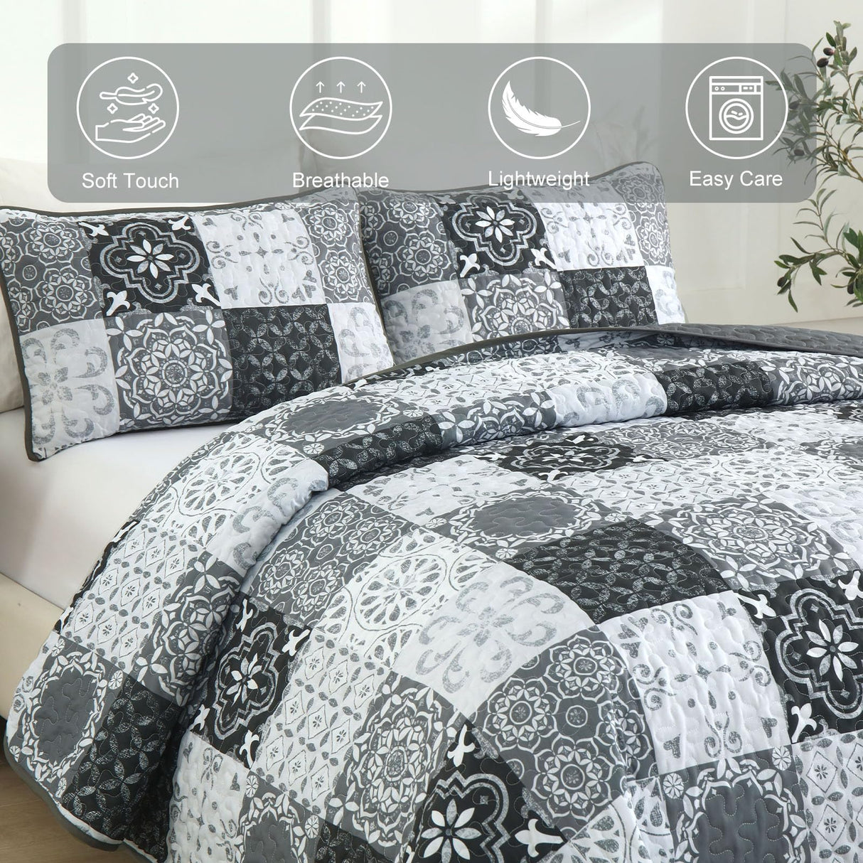 Dobuyly Grey Black Quilt Set Queen Size, Boho Plaid Patchwork Bedspreads Coverlet Set, 3 Pieces Soft Lightweight Microfiber Farmhouse Quilt Bedding Set for All Seasons 96"x90" Dobuyly