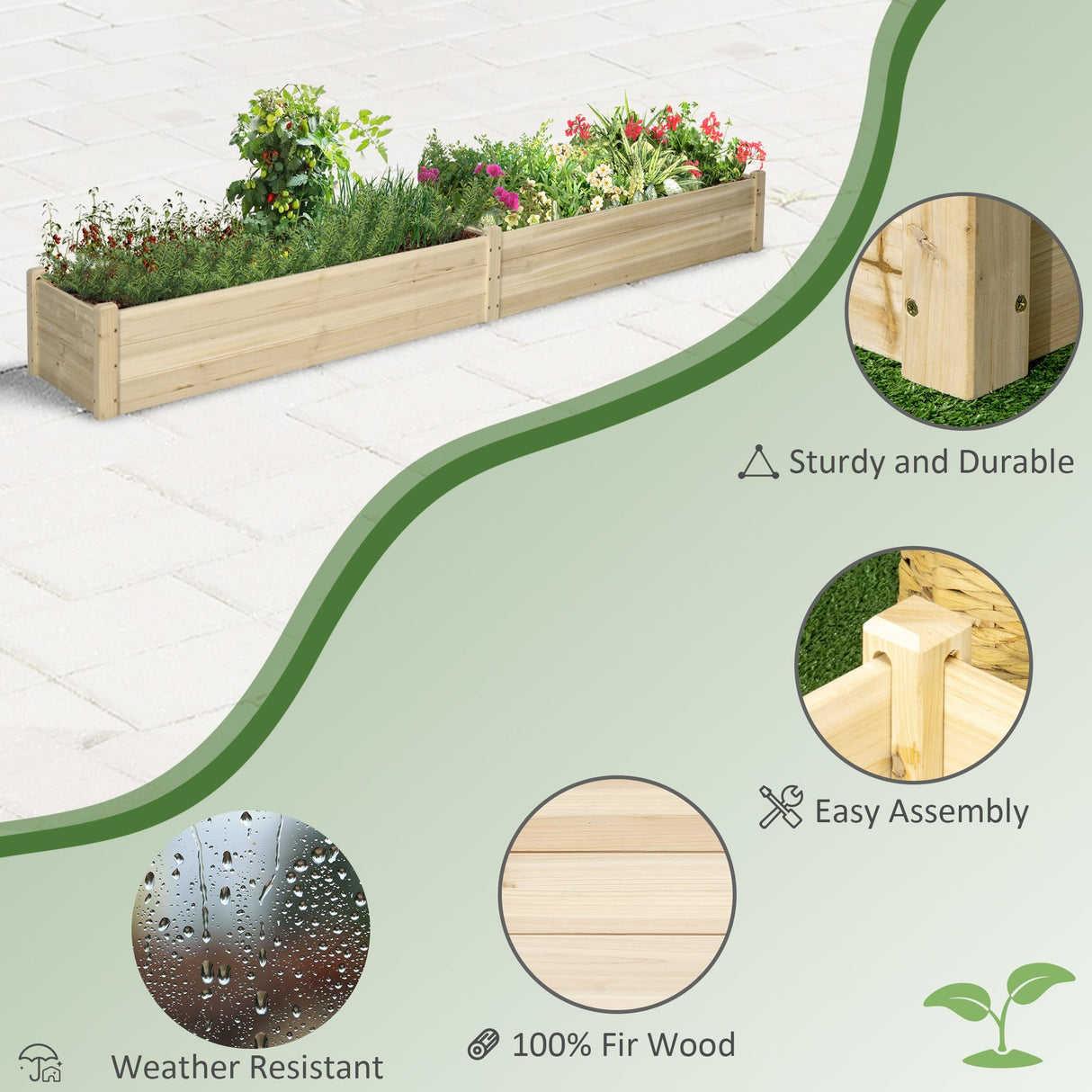 Outsunny 8x2ft Wooden Raised Garden Bed Kit, Elevated Planter with 2 Boxes, Self Draining Bottom and Liner, Patio to Grow Vegetables, Herbs, and Flowers, Natural Outsunny