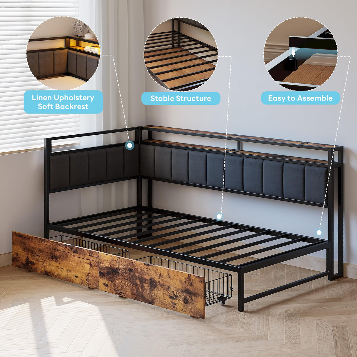 LIKIMIO Corner Bed Frame Twin Daybed with Storage Drawers, Metal Platform Bed Frame with LED Light, Charging Station & Fabric Upholstered Fence, Black LIKIMIO