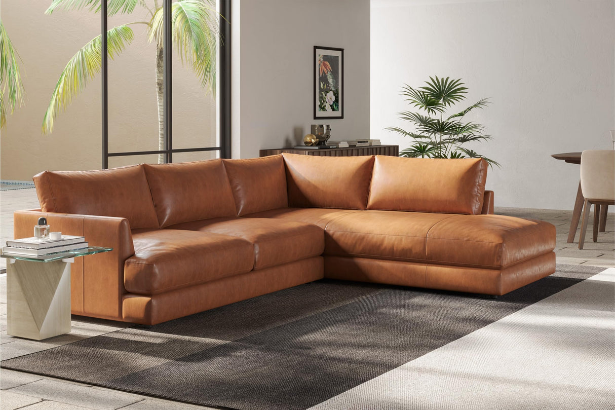 Valencia Serena 108" Cognac Tan Brown Full Leather Sectional Sofa with Right Chaise | Nappa 11000 Leather, Modern Low Profile Lounge Sofa | L Shaped Couch for Living Room Furniture VALENCIA THEATER SEATING