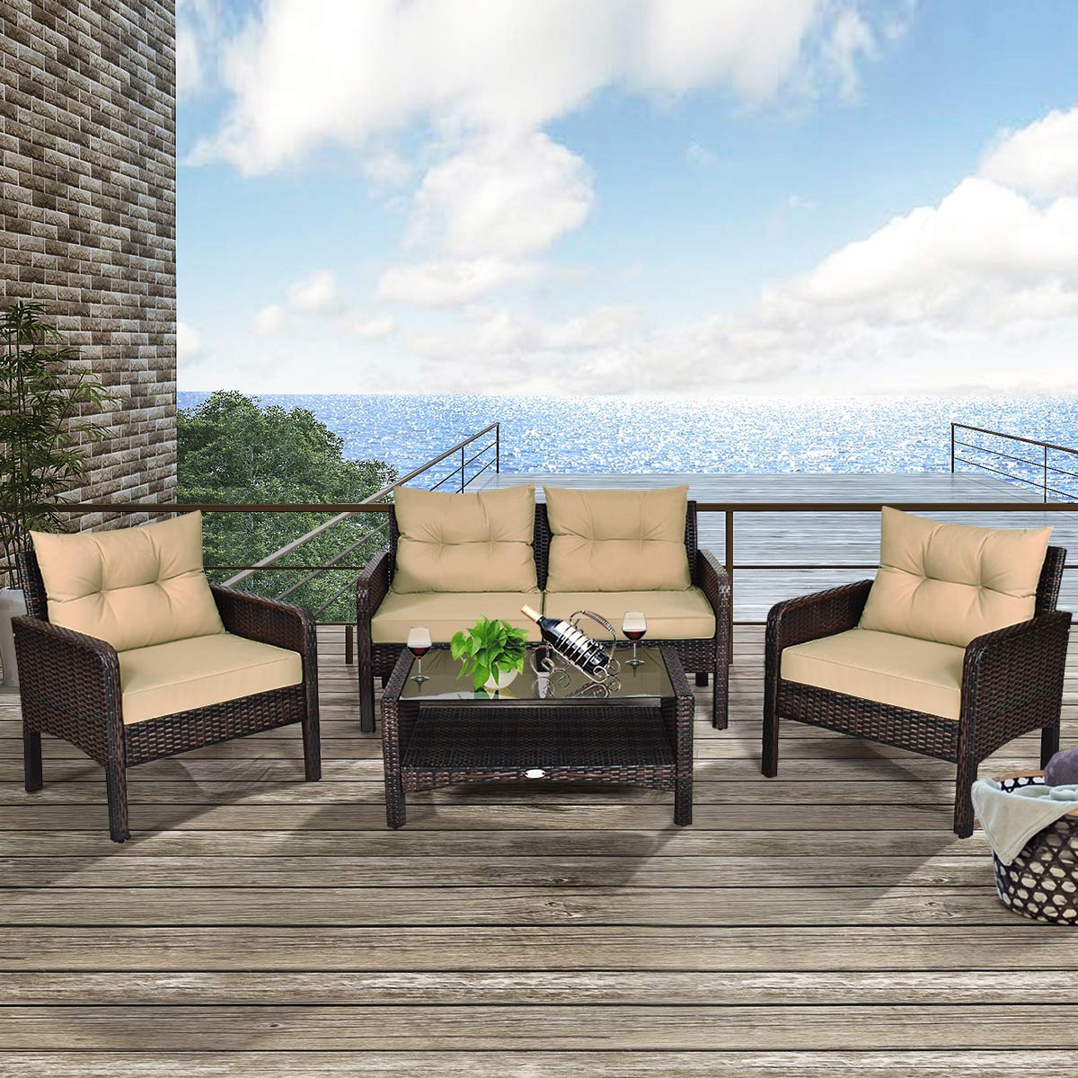 Tangkula 4 Piece Patio Furniture Set, Outdoor Wicker Conversation Set with Glass Top Coffee Table, All Weather Proof and Thick Cushions, Suitable for Porch, Garden, Poolside and Lawn (Brown) Tangkula