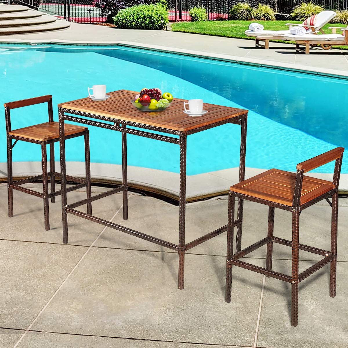 Tangkula 3 Pieces Patio Bar Table Set, Outdoor Rattan Bistro Set with Acacia Wood Top, Wood Table Set with 2 Bar Chairs for Dining Room, Backyard, Patio and Balcony Tangkula
