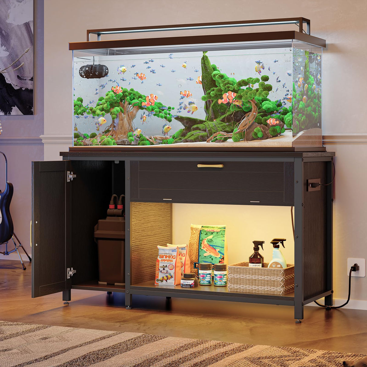 Bestier 55-75 Gallon Fish Tank Stand with Power Outlet & LED Light, 49"x19" Heavy-Duty Metal Aquarium Stand with Cabinet & Drawer for Accessories Storage, Suit for Reptile/Turtle Terrarium Bestier