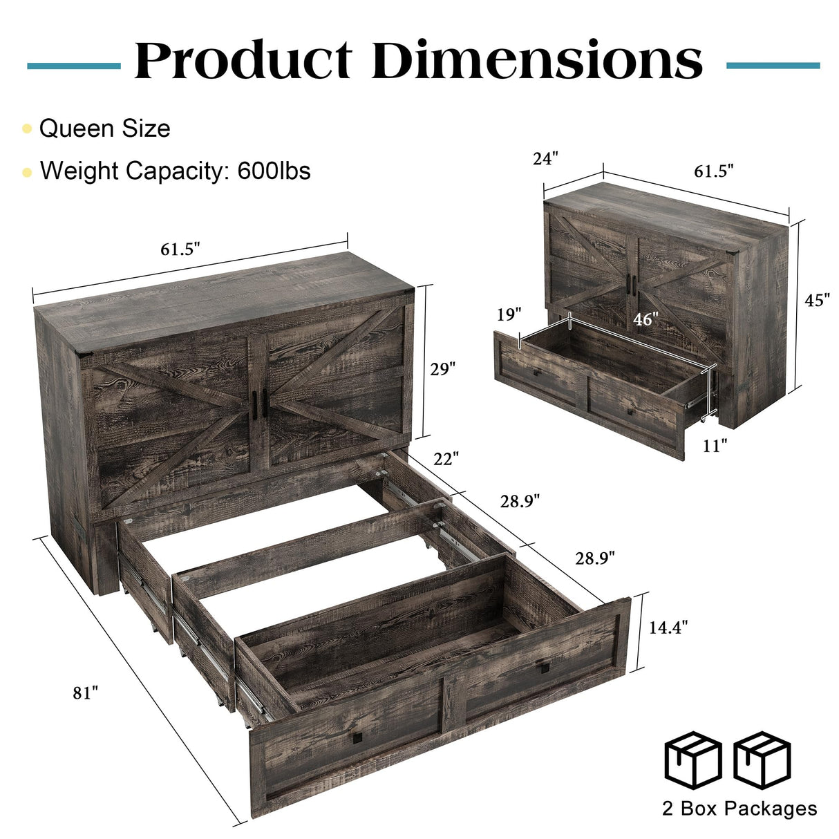 LUXOAK Queen Murphy Bed with Storage and Charging Station, Farmhouse Cabinet Bed, Noise-Free, for Guest Room, Apartment, or Office, Black Oak LUXOAK