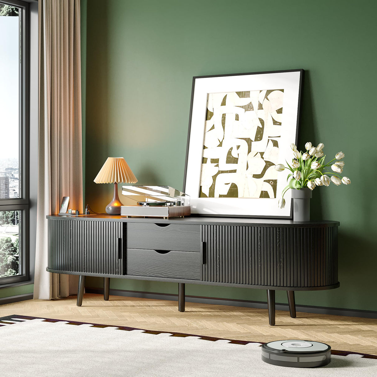 Mid Century Modern TV Stand for 65/55/50 inch TV, Farmhouse TV Stand with Charging Station, Fluted Entertainment Center with Storage and Sliding Doors, TV and Media Consol for Living Room, Black, 59" Syvella