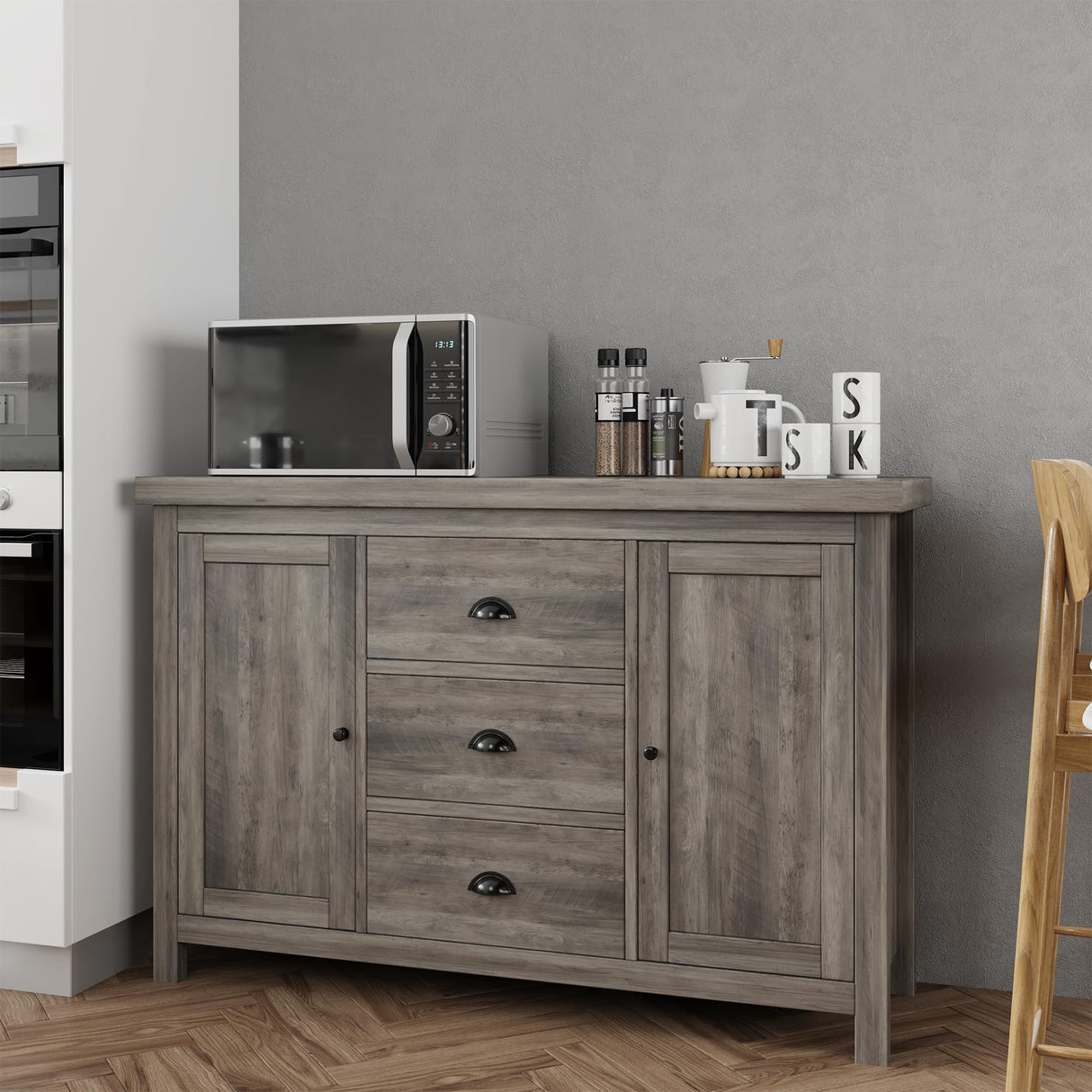 Buffet Sideboards, Kitchen Storage Cabinet, Large Storage with 3 Drawers and 2 Doors Sideboard, Farmhouse Coffee Bar Cabinet with Retro Cabinet Handles, Adjustable Shelf for Living Room, Ash Grey GAOMON