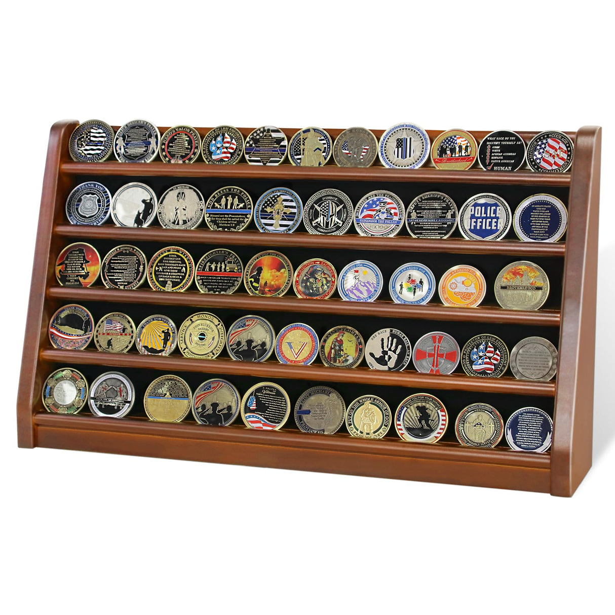 ASmileIndeep 5 Rows Challenge Coin Holder Display Stand Holds 50 Coins for Wall Mount or Tabletop, Solid Wood Military Coin Rack Display Case for ASmileIndeep