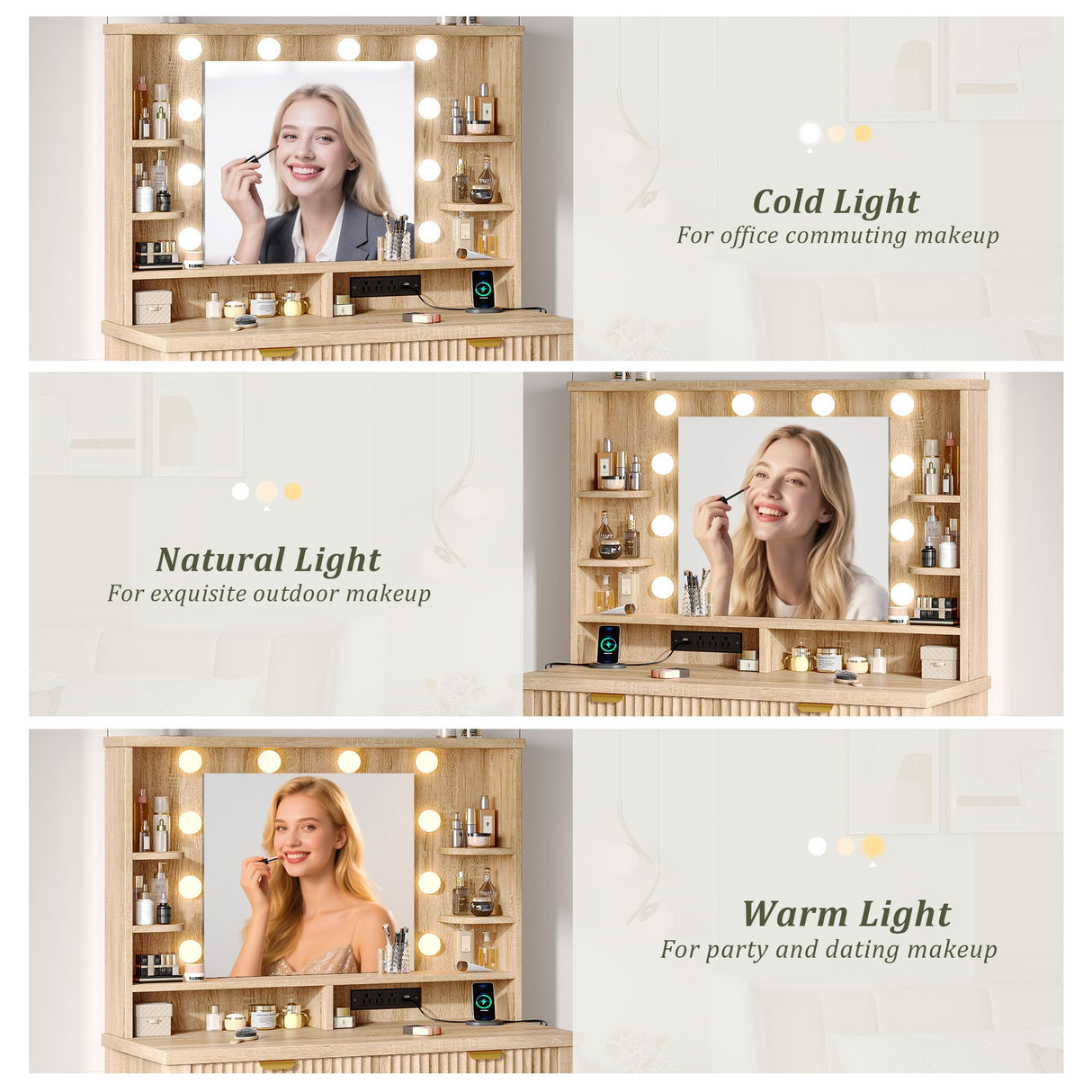 Homkdom Vanity Desk with HD Mirror and 3-Color Adjustable Lights, Fluted Makeup Vanity with Storage Stool, 2 Large Drawers & Charging Station, Small Vanity for Women's Bedroom, Dressing Room, Oak Homkdom